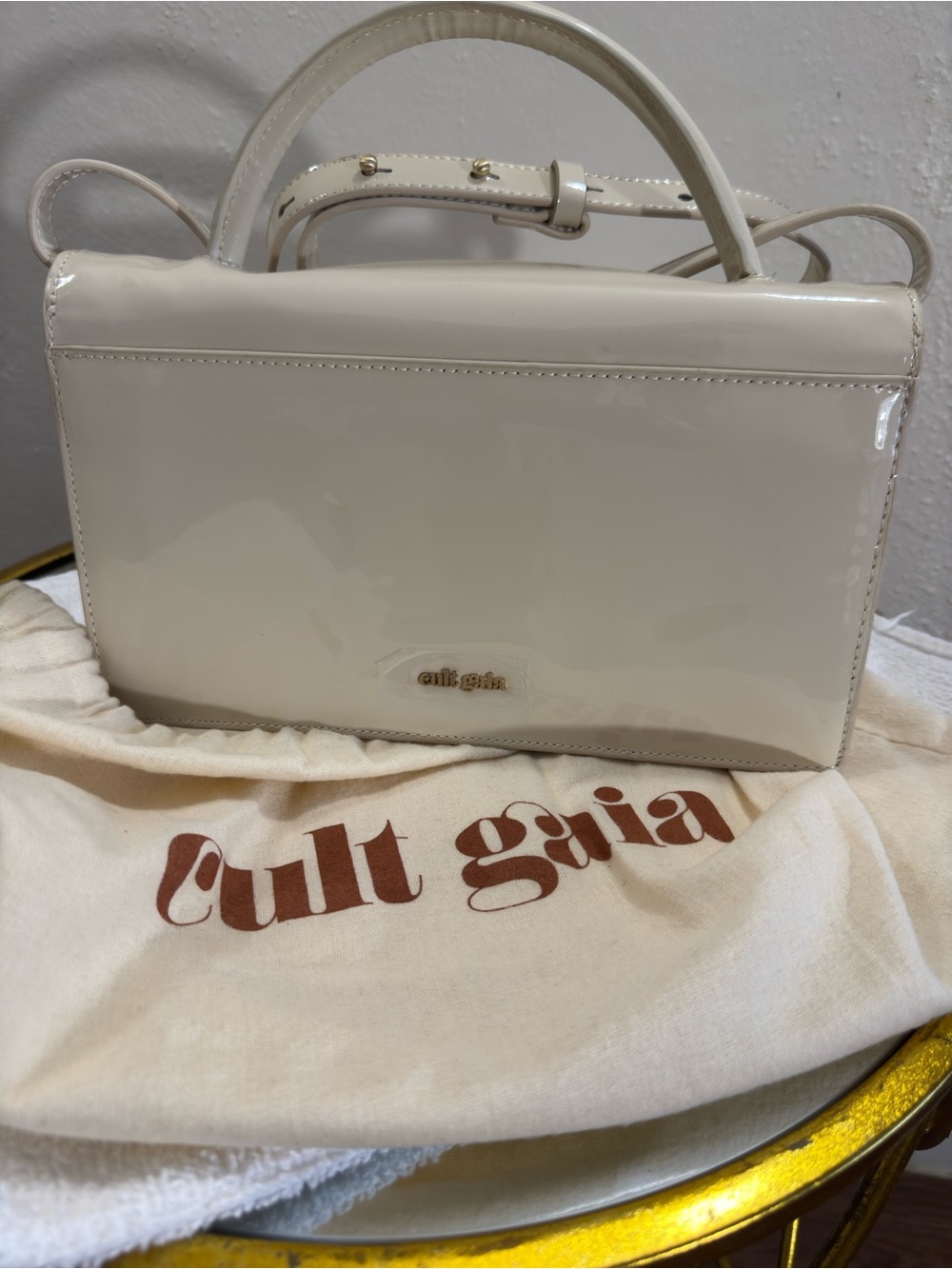 cult gaia Ivory Patent Leather Top-Handle Shoulder Bag with Gold Ring - Picture 5 of 5